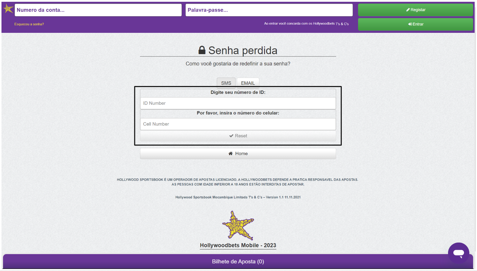 Página de Recuperação de palavra passe da Hollywoodbets versão mobile