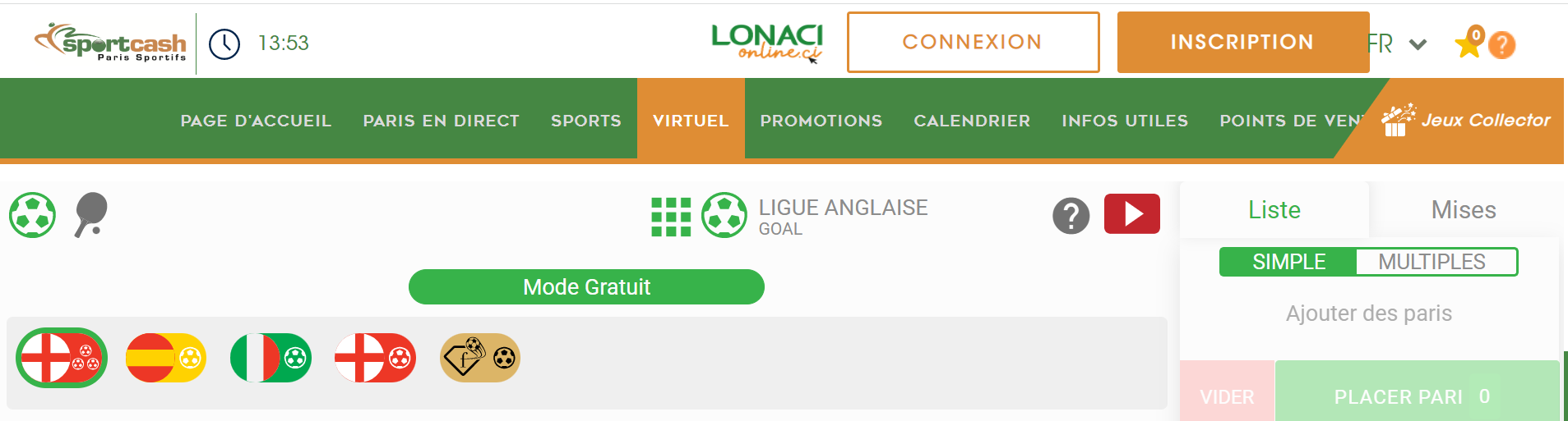 Onglet pour les sports virtuels de Sportcash