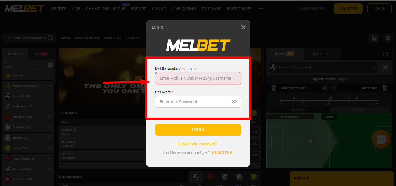 Image of Melbet Login Form Page