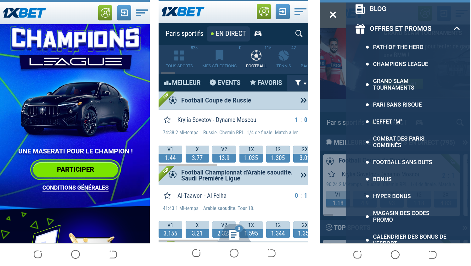 Image de la version android de l’application 1xBet