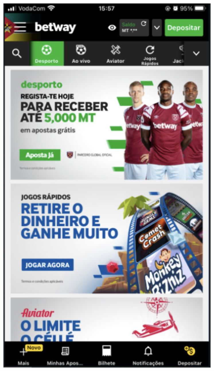 Página inicial após o login na Betway