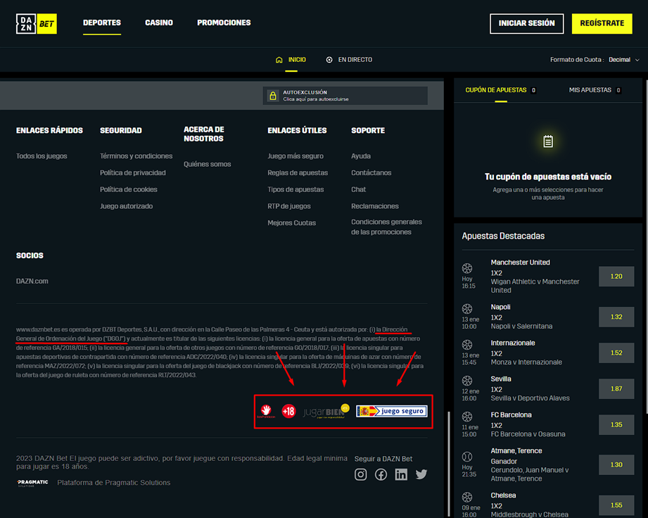 Logos de Juego Seguro en la página de inicio de DAZN Bet