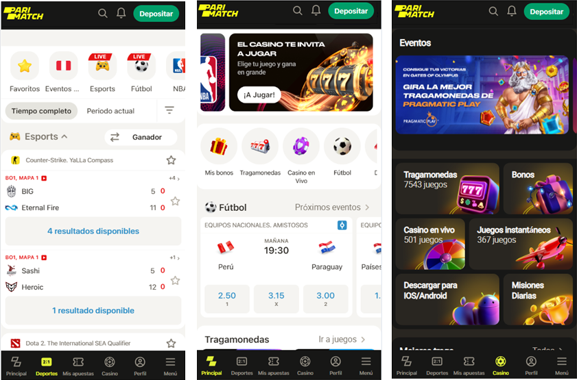 Imagen que muestra tres screenshots de parimatch app ios