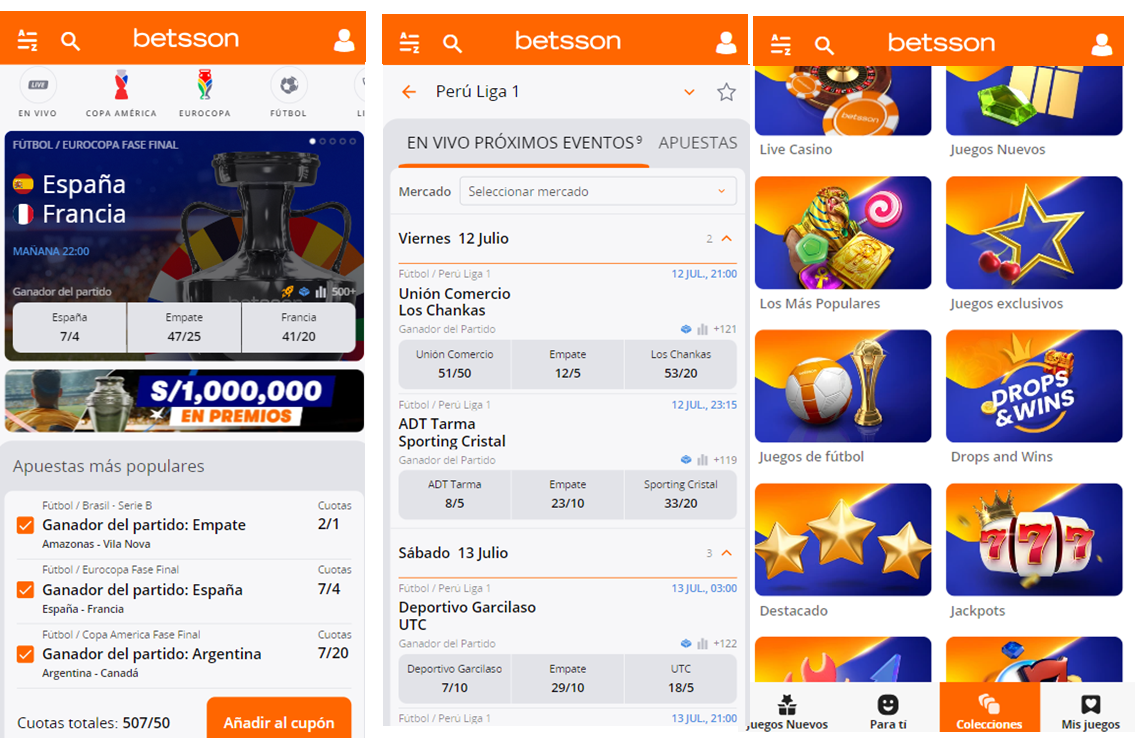 Imagen que muestra tres screenshots de codigo promocional betsson sin deposito