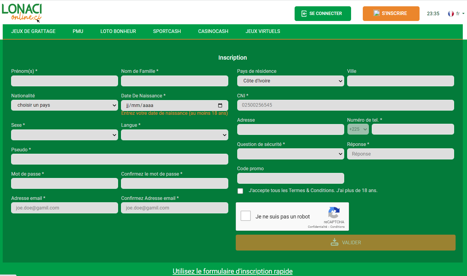 Page d’inscription sur Sportcash