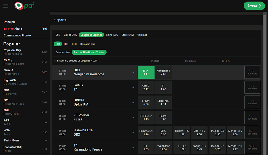 Sección de apuestas a deportes electrónicos en Paf