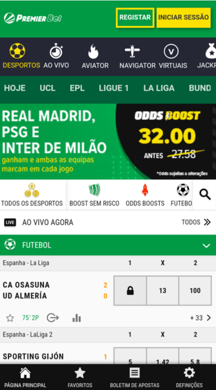 Página inicial da Premier Bet