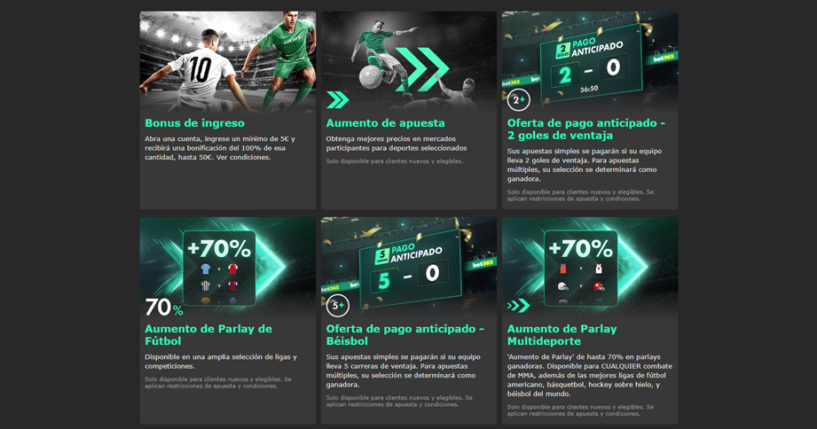 Se muestran algunos de los bonos y promociones con los que cuenta Bet365