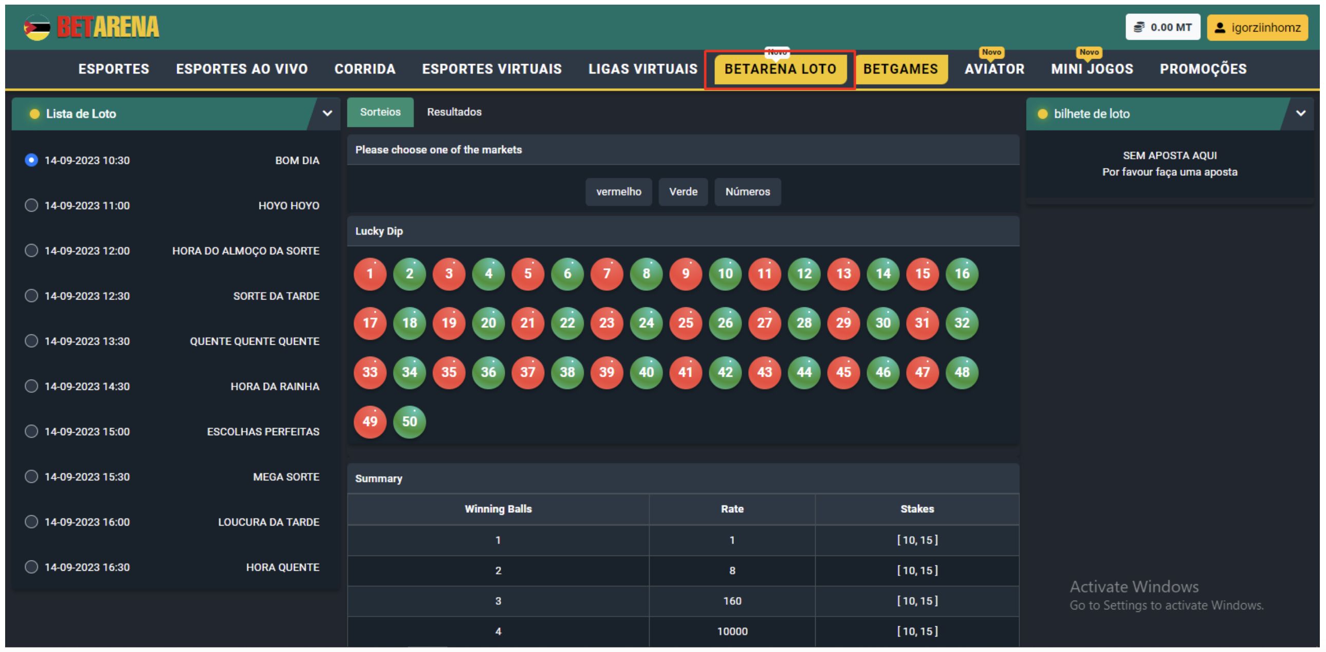 Página inicial da BetArena, secção “BetArena LOTTO”