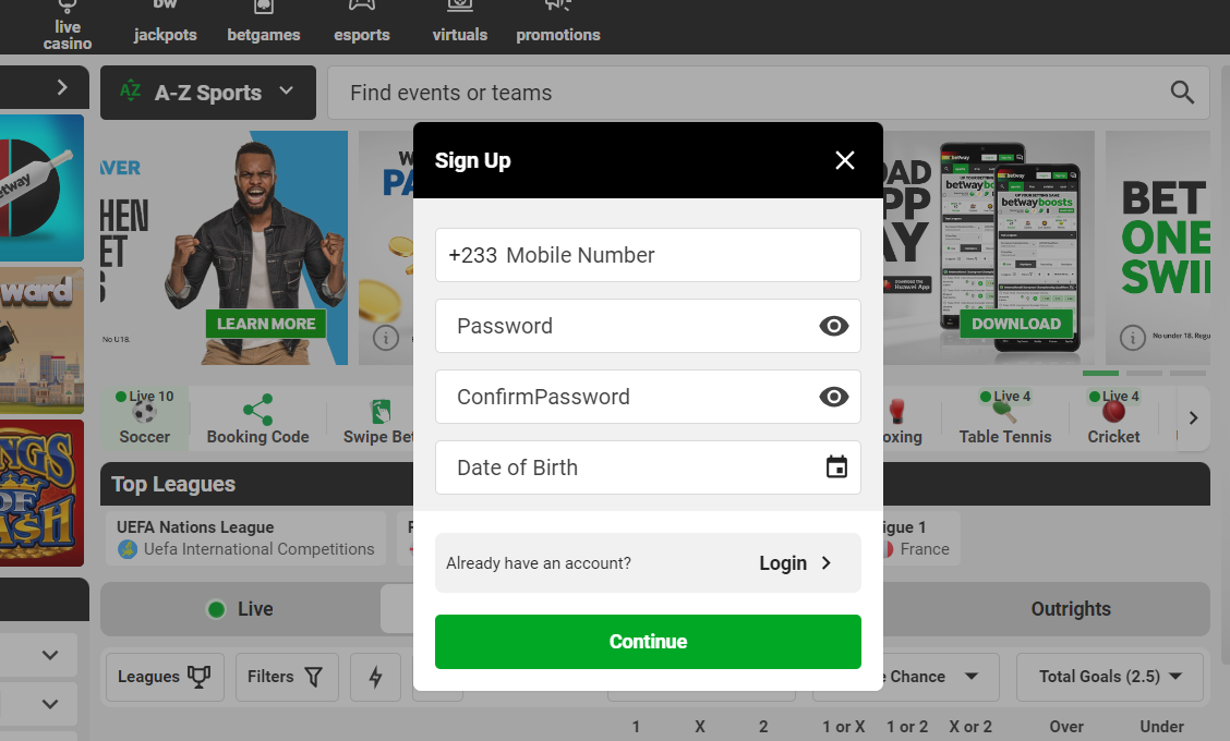 Sign up menu on Betway desktop website