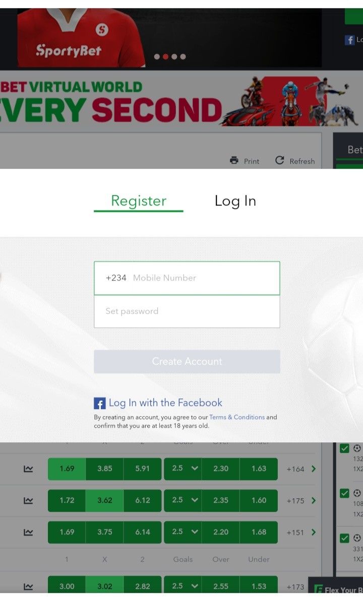 Sportybet Registration page