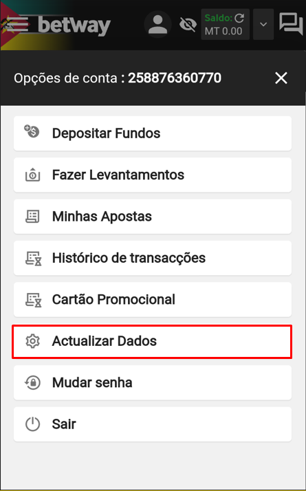 Página inicial da aplicação da Betway para Android