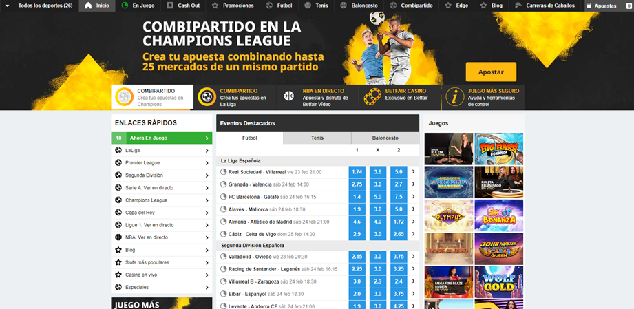 Se muestra la página principal de apuestas deportivas en Betfair España