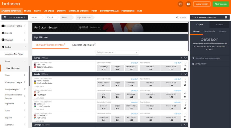 Apuestas en la liga 1 Betsson y las opciones disponibles