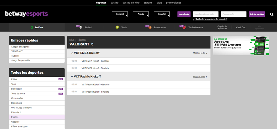 Se muestra la sección de apuestas para Valorant que Betway ofrece