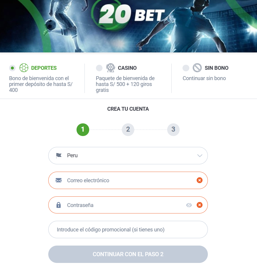 formulario de registro de la casa de apuestas 20Bet Perú