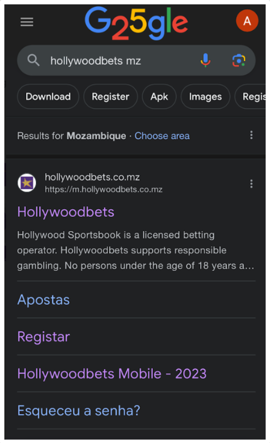 Hollywoodbets Moçambique no navegador Google