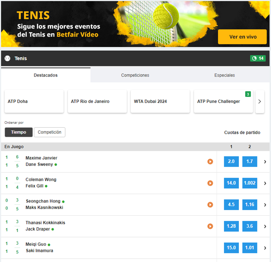 Se muestra la sección de apuestas en Tenis de Betfair en España