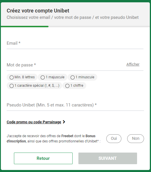 Processus d’inscription pour les Paris Sportifs de Unibet