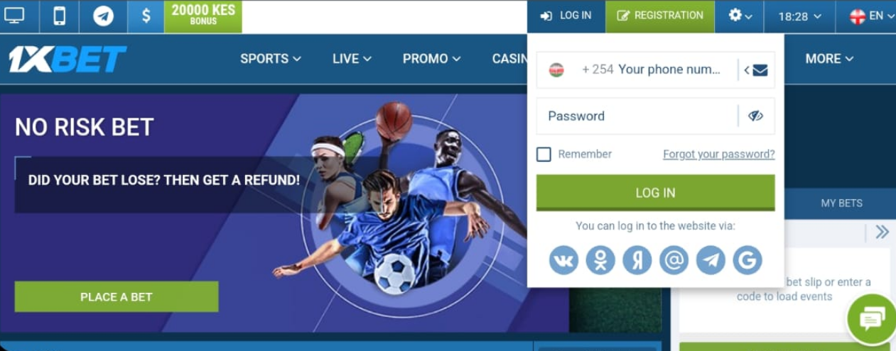 Image of the 1xBet Kenya login form page