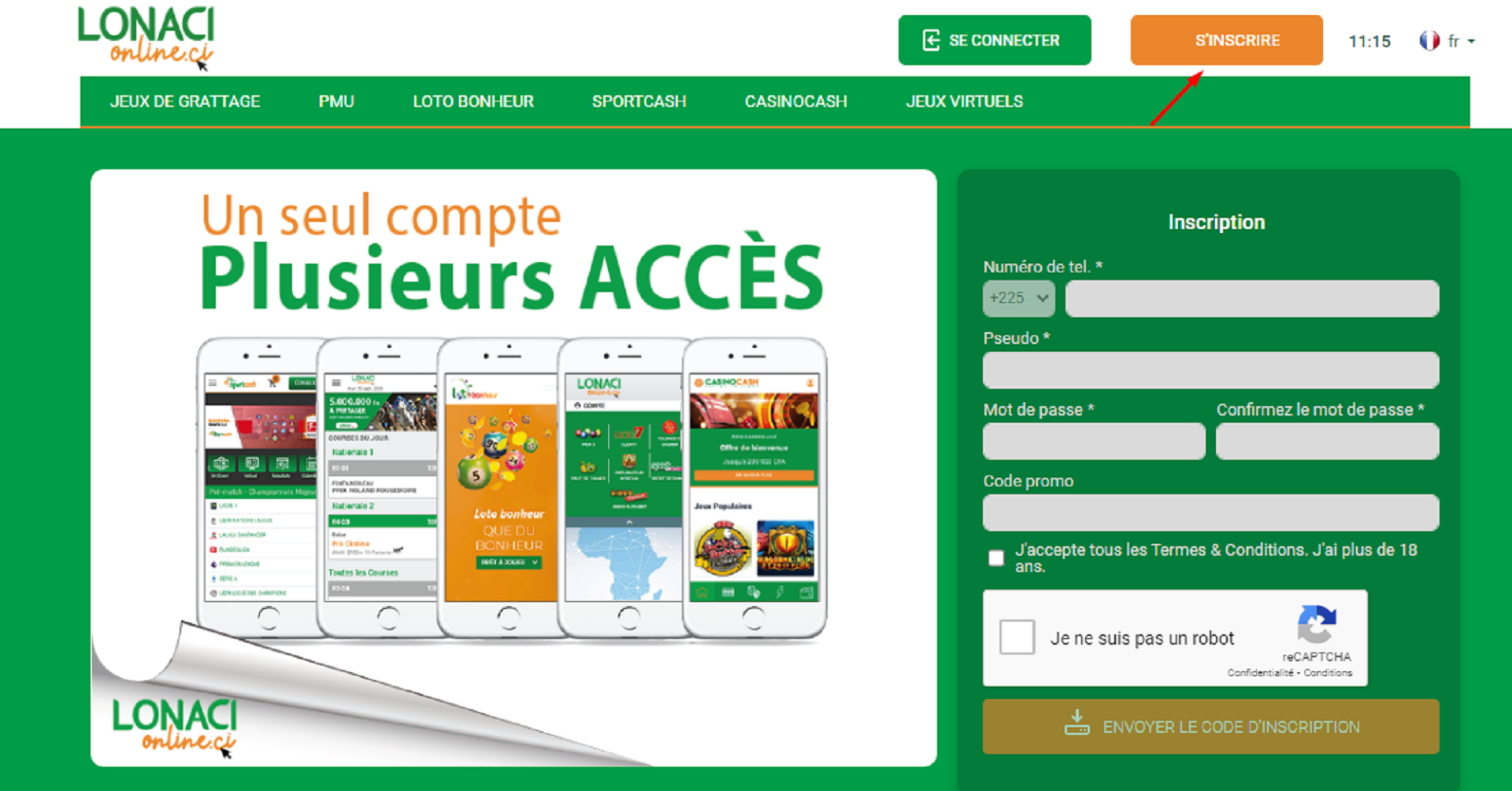 La page d’inscription de sportcash