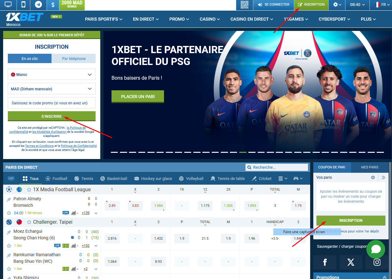 Ouvrir le Site 1xBet et Cliquer sur Inscription