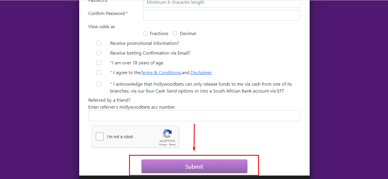 Image of Hollywoodbets submit sign-up form