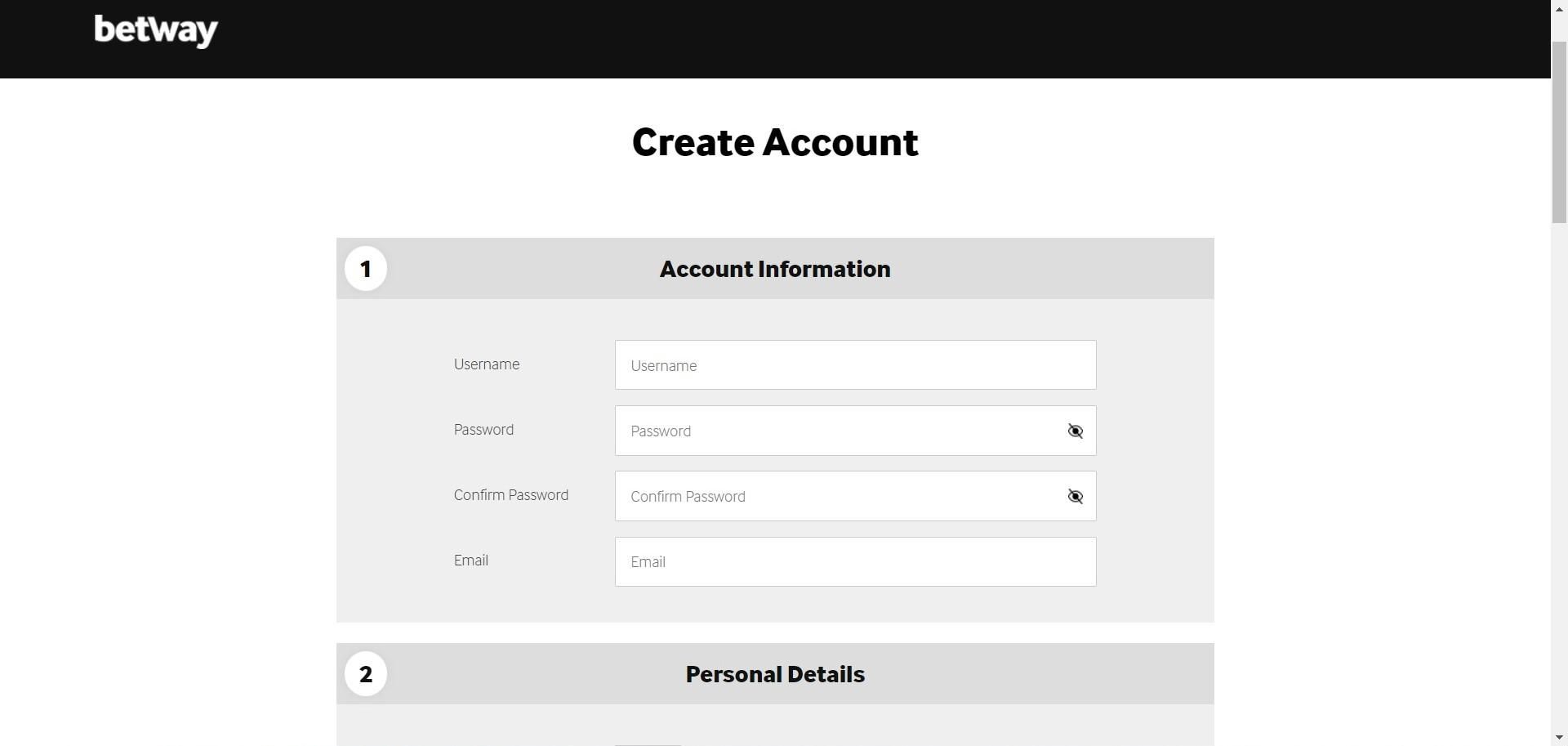 Betway Register Form