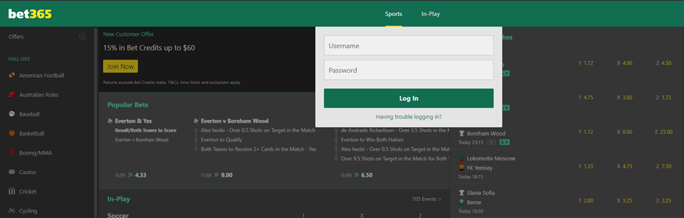 Bet365 Login page