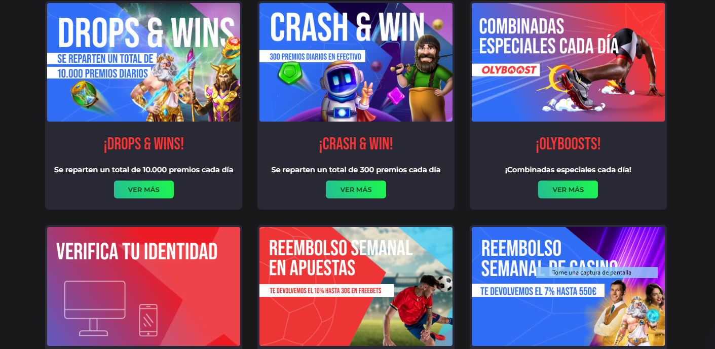 Se muestra la página principal de bonos y promociones disponibles en Olybet