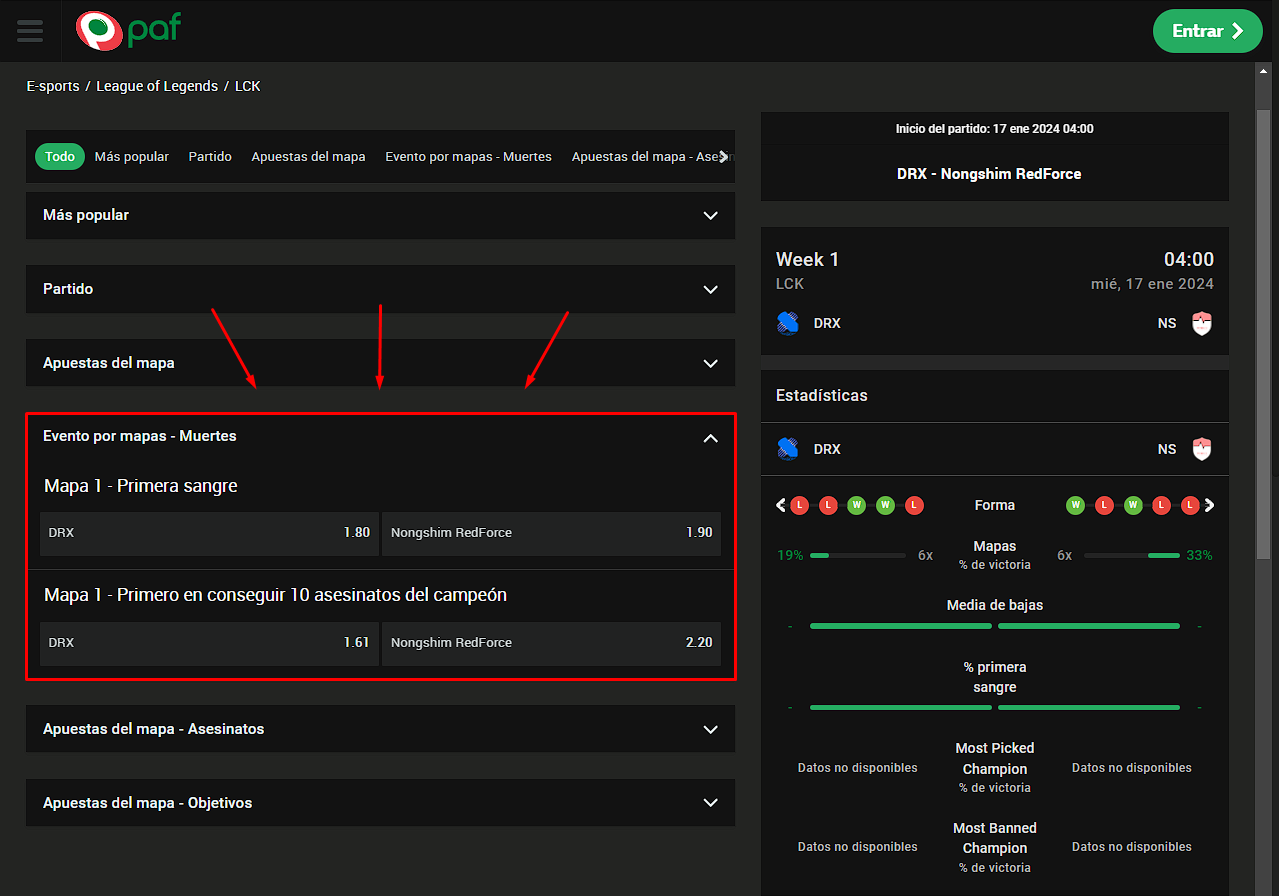 Sección de Paf con los mercados de apuestas para LoL