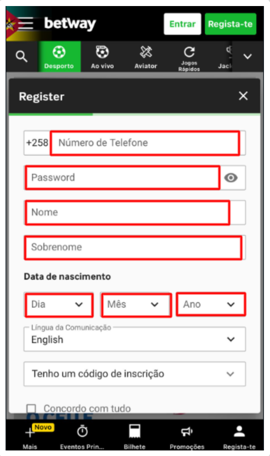 Registo na Betway Moçambique, Passo 2