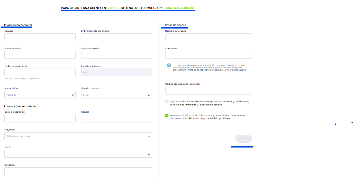 Imagen del formulario de registro de retabet peru