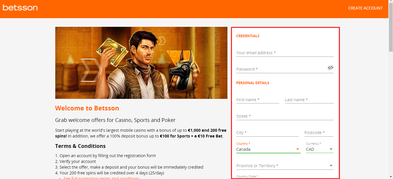 Betsson registration page